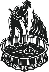 A vintage woodcut illustration depicting a man performing manual labor in a circular pen