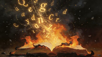 Glowing handwritten letters flutter from a burning book, rising into a dark sky, symbolizing the dissemination of knowledge.