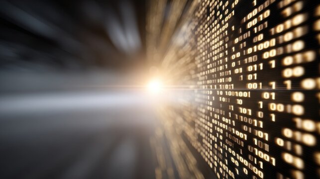 Abstract data visualization featuring binary code and light rays in a dynamic digital environment, representing technology and innovation for web design - Powered by Adobe