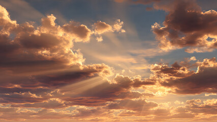 Breathtaking sunset with sunbeams piercing through fluffy clouds in a serene evening sky.