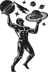 Muscular figure holding celestial bodies in a representation of strength and the universe