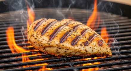 Seasoned Chicken Breast Sizzling Over Hot BBQ Grill