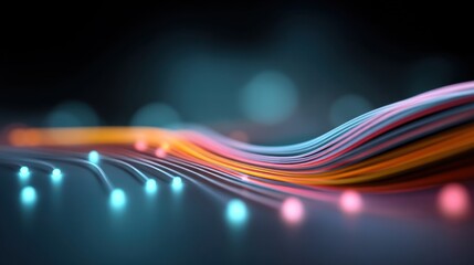 Colorful abstract wave lines with glowing dots representing technology and digital innovation set against a blurred background in a dark environment
