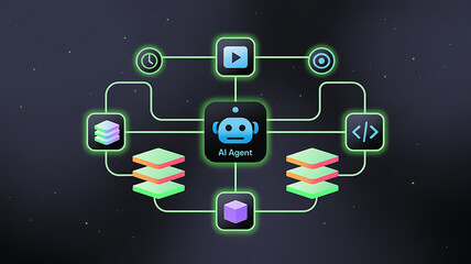 Central artificial intelligence agent connects to various data sources and functions like coding media and time management in a dark digital network