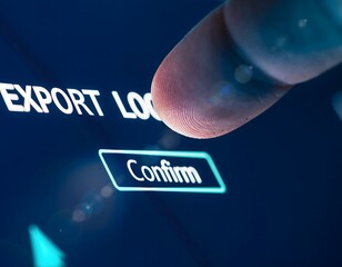 A finger pressing a glowing 'Confirm' button on a digital screen with 'EXPORT LOG' text, indicating a data operation or system interaction.