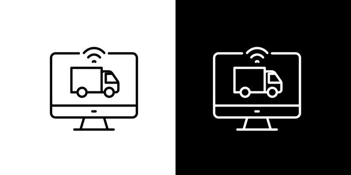 Online delivery tracking icon on a computer monitor, representing efficient e-commerce logistics, real-time package monitoring, and remote shipment management
