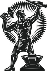 A strong blacksmith or metalworker in an apron holding a hammer and chisel over an anvil