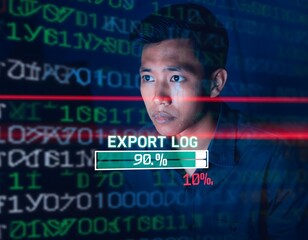 A focused man monitors a digital screen displaying an 'EXPORT LOG' progress bar at 90% amidst a background of glowing code, suggesting data processing or cybersecurity.