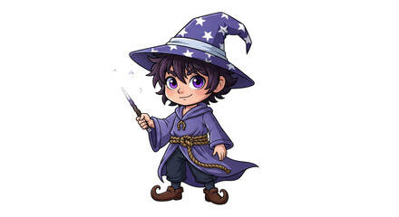 Charming Chibi Wizard Character with Starry Hat and Magic Wand.