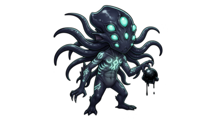 Chibi Cthulhu with glowing eyes and tentacles holding a dripping object.