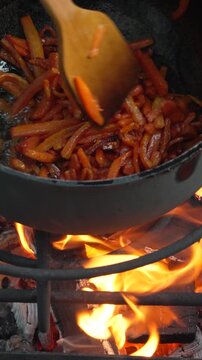 Cooking, Campfire, Vegetables stir-frying in a cast-iron pot over blazing flames, traditional outdoor meal. Vertical video.