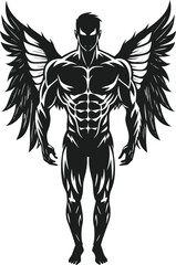 Muscular winged figure in black and white graphic design style, full-body view