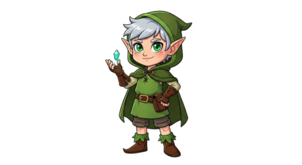 Chibi Elf Character with Green Outfit and Glowing Orb.