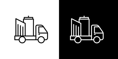 Outline icon of a commercial truck transporting city buildings, symbolizing urban development, construction logistics, and architectural relocation services