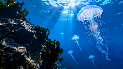 Fototapeta premium Jellyfish swimming in deep blue ocean water near sunlit surface and rocky kelp forest environment marine life underwater photography ethereal glow translucent creatures vibrant aquatic scene natural b