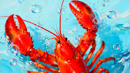 Vibrant red lobster swimming in bright blue water with rising air bubbles captured in a dynamic expressive oil painting style for seafood art decor and ocean life illustration