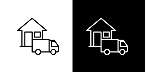 Vector Line Icon of a Moving Truck Transporting a House, Symbolizing Home Relocation, Logistics, Property Transfer, and Delivery Services