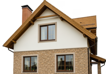 Modern house facade with stone and white stucco, featuring multiple windows and a brick chimney, isolated on transparent background
