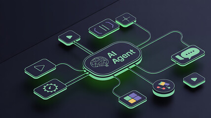 Centralized artificial intelligence agent system architecture visualized with glowing neon icons representing various interconnected digital functions and processes