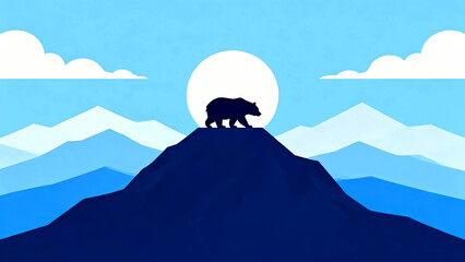Bear silhouette on mountain peak against bright moon or sun low poly minimalist landscape illustration blue sky white clouds nature wildlife adventure wilderness exploration