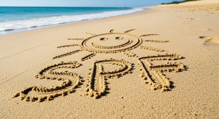 Hand-drawn Sun and SPF Message on Beach Sand &mdash; Sun safety and summer lifestyle