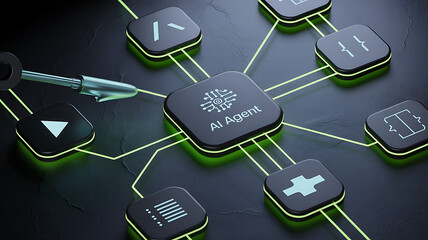 Digital key unlocking an artificial intelligence agent system surrounded by glowing network nodes representing complex programming functions and data flow pathways