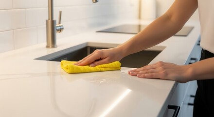 Female Hands Cleaning Modern Kitchen Surface &mdash; highlighting tidiness and daily chores
