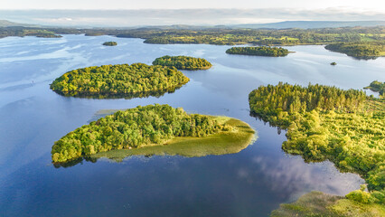 Aerial drone view of beautiful lake summer landscape with many green islands, Lough Key lake, county Leitrim, Ireland