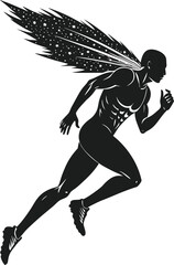 A dynamic silhouette of a sprinter with a wing made of stars symbolizing speed and cosmic power