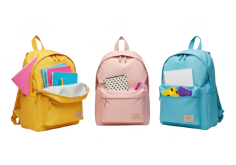 Three colorful backpacks for school, isolated on transparent background