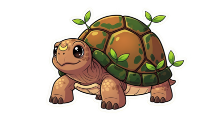 Cute Cartoon Tortoise with Green Leaves Growing on its Shell.