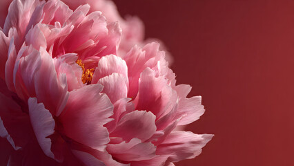 Vibrant Pink Peony Flower Close-up on Dark Red Background with Copy Space
