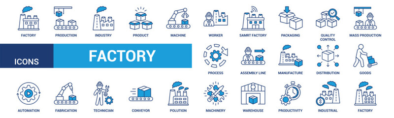 Factory icon set. Containing industry, production, machine, manufacture, warehouse, fabrication, goods and more. Blue vector icons collection.