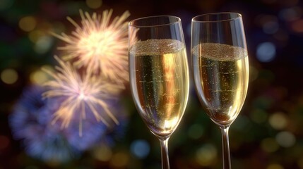 Celebration with Sparkling Champagne Glasses Toasting Against a Colorful Fireworks Background