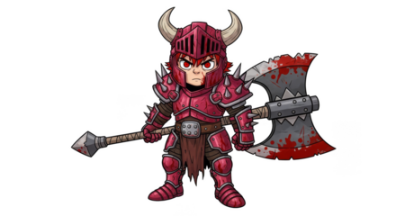 Fierce cartoon warrior in red armor with horned helmet and bloodstained axe.