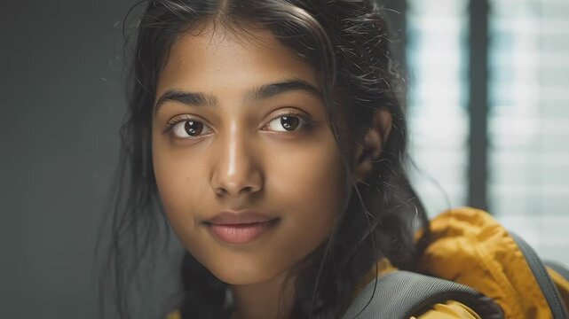 Candid close-up of a beautiful young South Asian woman looking at the camera with a thoughtful
