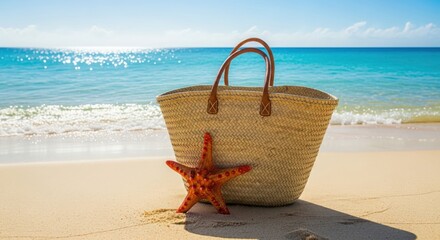 Beach Shopping Bag and Starfish on Sand with Crystal Blue Caribbean Water