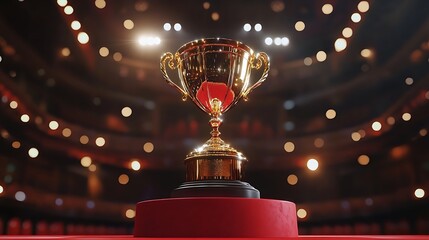 Golden award trophy cup on red pedestal illuminated by bokeh lights on dark background