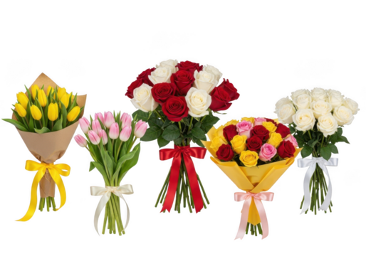 Collection of five colorful flower bouquets, including tulips and roses, isolated on transparent background - Powered by Adobe