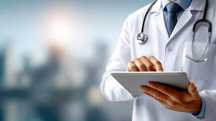 A doctor in a white coat with a stethoscope is using a tablet on a blurred background. Modern medicine, digital technologies, professionalism, and patient care.