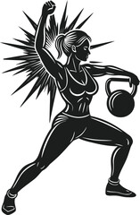 Strong woman doing fitness exercise with kettlebell in dynamic monochrome illustration