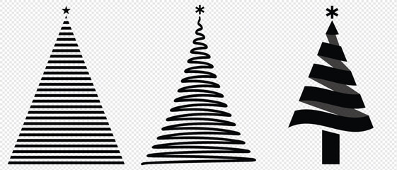 Black Christmas tree minimal concept illustration. Horizontal layout perfect for social media, card, banner or article.Colorful, flat vector design on transparent background. 