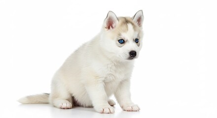 Obraz premium Charming white husky puppy with piercing blue eyes sits attentively bathed in bright clean studio light. AI Generated