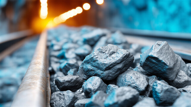 Close-up view of crushed stones along a railway track with shallow depth of field, symbolizing industrial infrastructure, transportation, raw materials and engineering background with copy space.