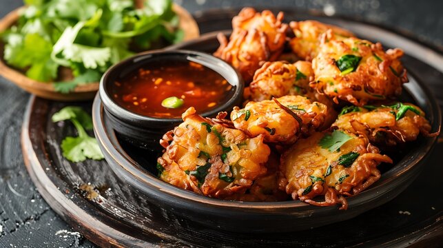 Close up of vegetable pakoras served with dipping sauce and fresh cilantro on a dark background