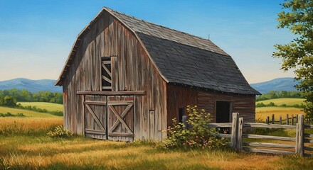 Obraz premium Golden hour light illuminates a rustic old barn in a vast field with distant mountains and a bright blue sky. AI Generated