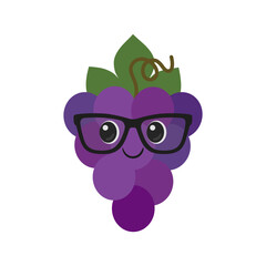 Black grapes with glasses, cute cartoon character, happy smiling face, kawaii style, big eyes, ripe juicy, symbol red wine, emoji, icon vector illustration.