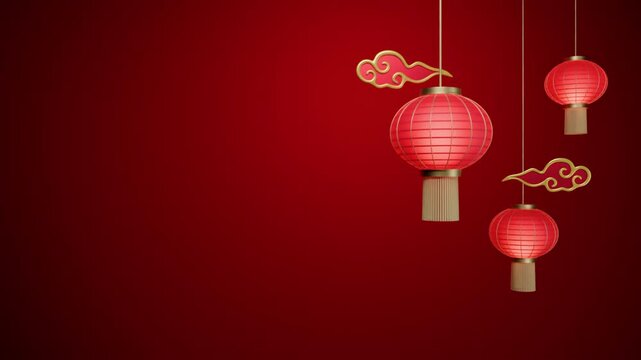 Red background with red lantern hanging and cloud decorated. Blank space for design and add text. 3D scene of Chinese new year concept, red element decor