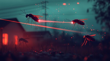 Robotic mosquitos with red laser beams engaging in aerial combat above grass near house