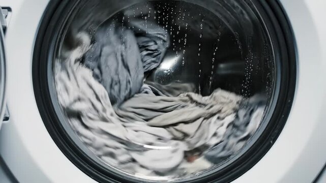 Front view of a washing machine in action during a laundry cycle with water swirling inside